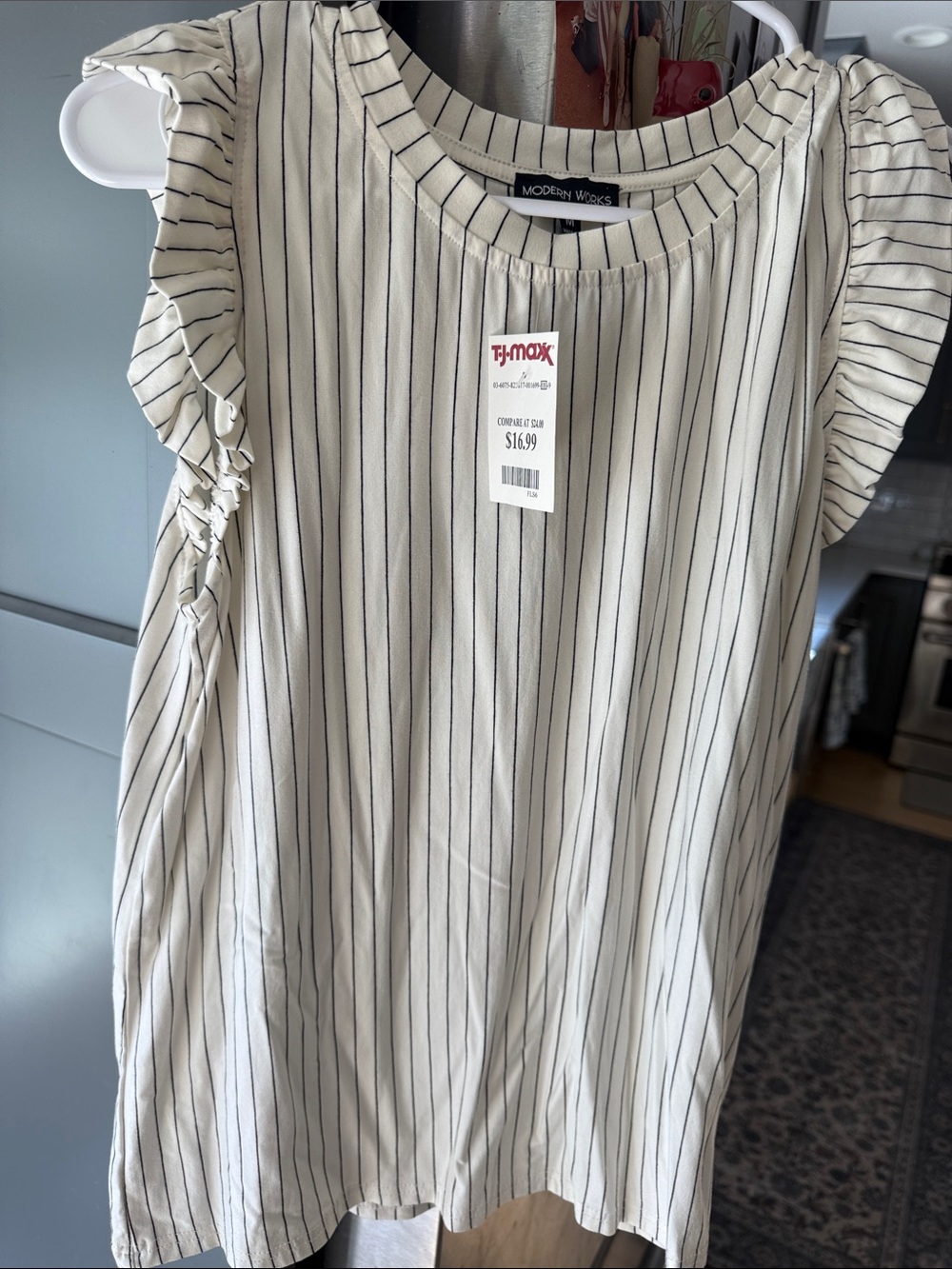 Modern Works Cream Pinstripe Ruffle Sleeve Tank Top